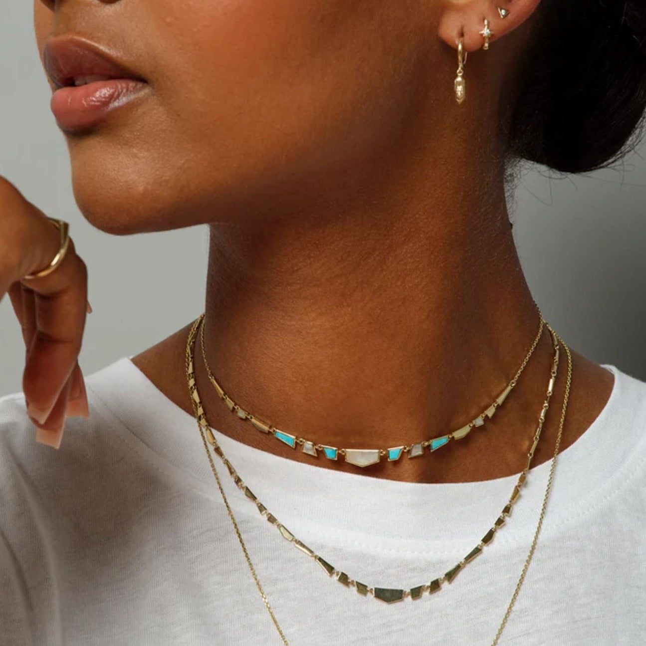 Metier at E.C. One London Tesserae Turquoise and Mother of Pearl Gold Necklace