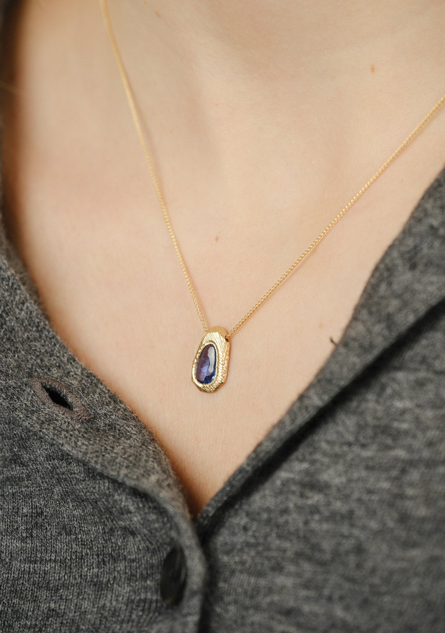 CARVED Pendant Necklace Gold with Rose Cut Blue Sapphire