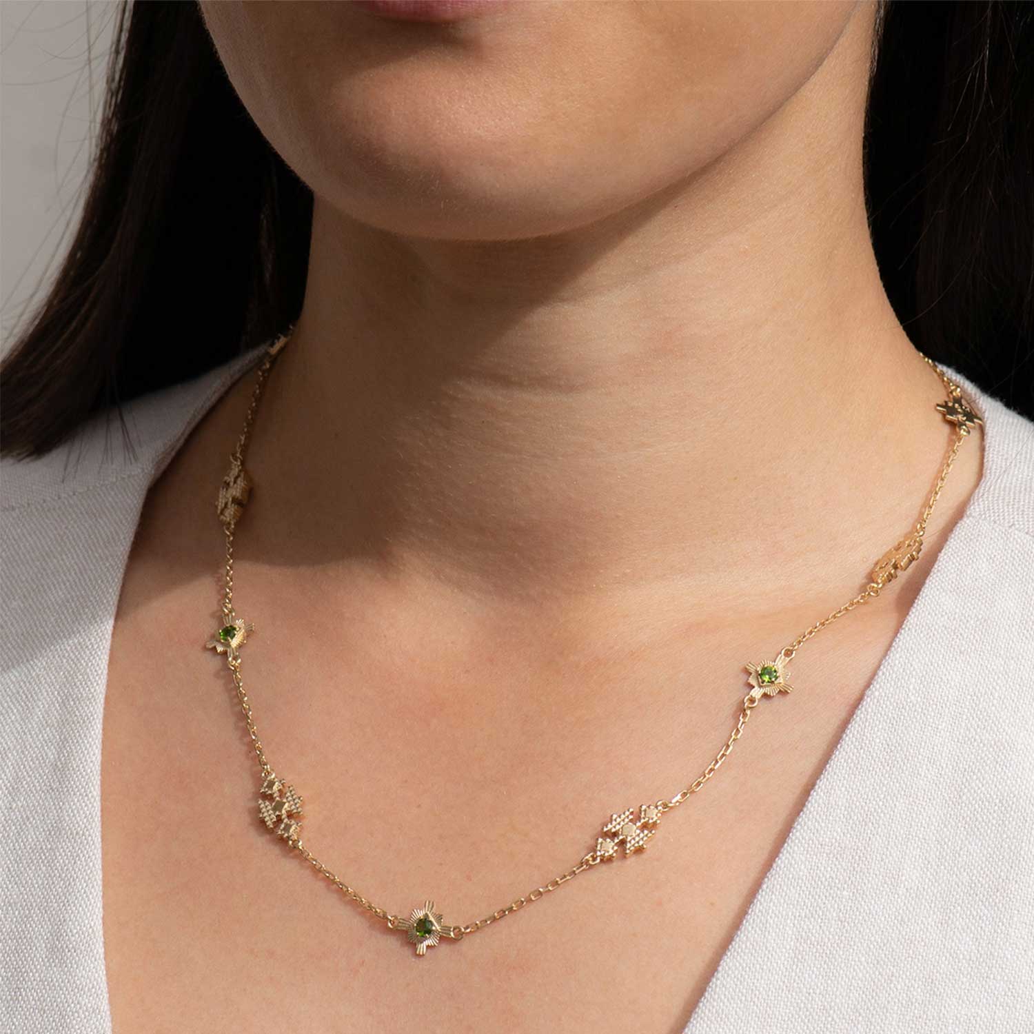 Zoe and Morgan at E.C. One London AYLLU Gold Plated Necklace with Chrome Diopside