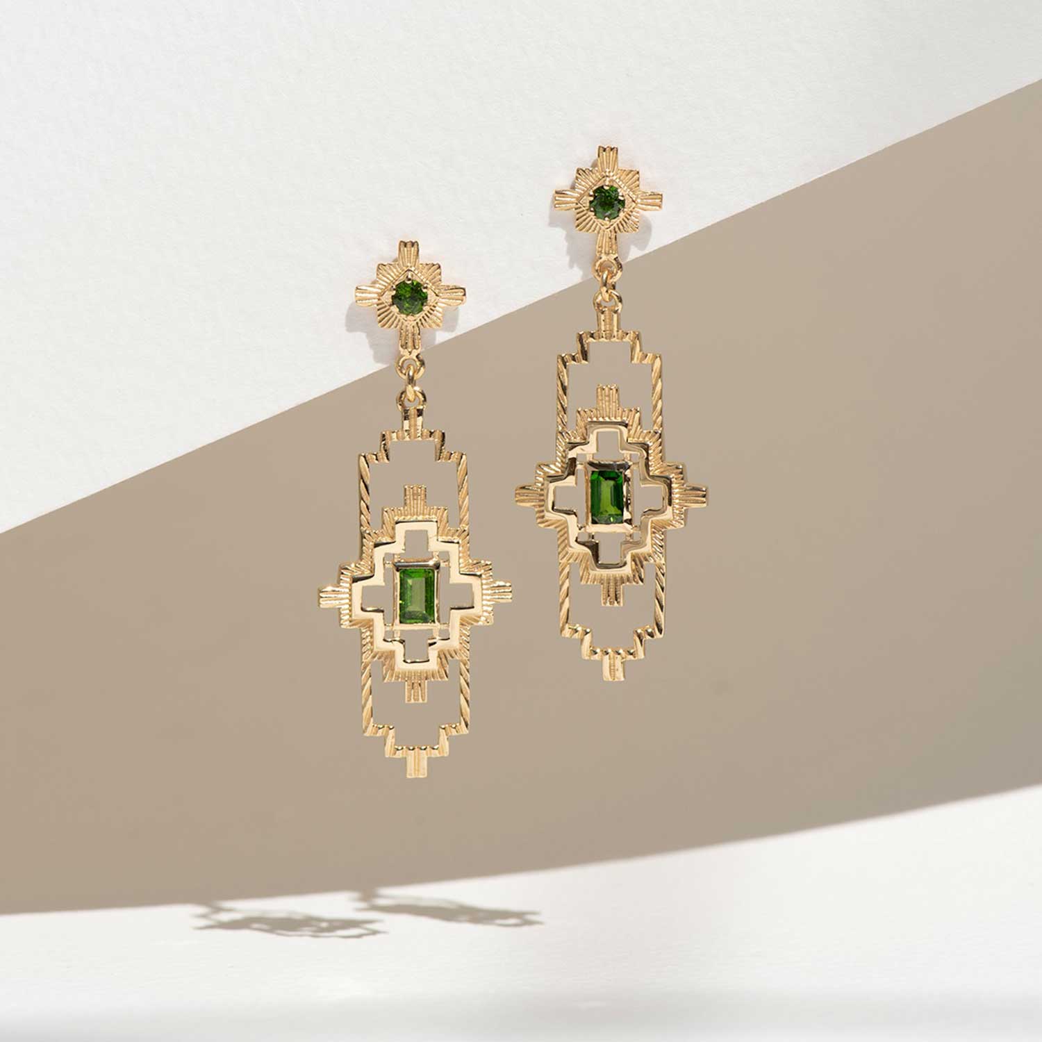 Zoe and Morgan at E.C. One London  MUNAY Chrome Diopside Gold Plated Drop Earrings 