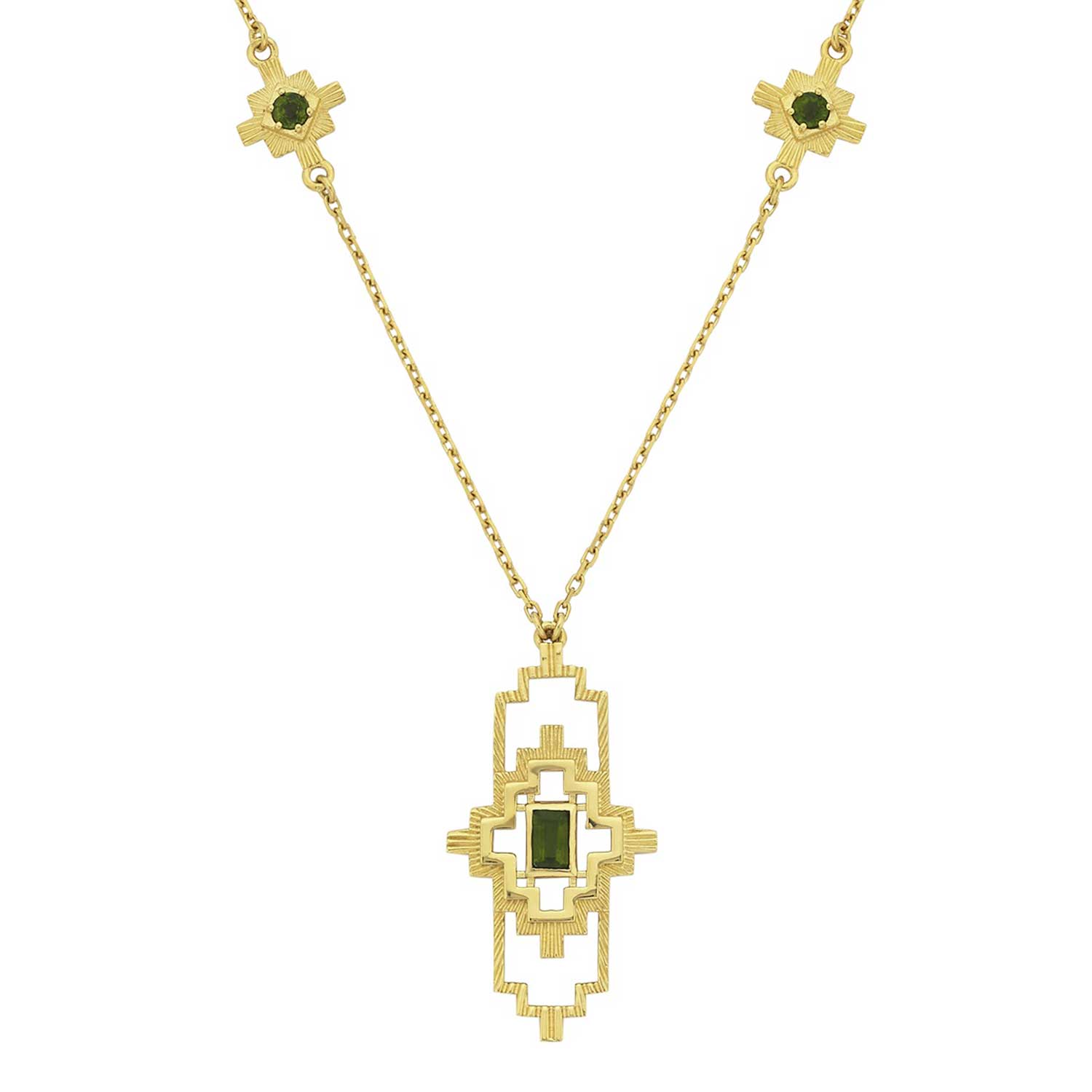 Zoe and Morgan at E.C. One London  MUNAY Gold Plated Necklace with Chrome Diopside 