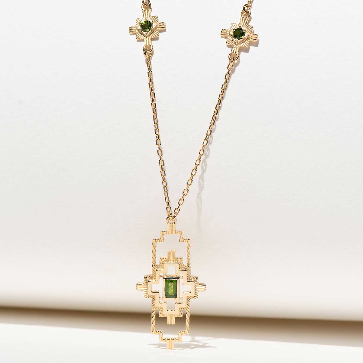 Zoe and Morgan at E.C. One London  MUNAY Gold Plated Necklace with Chrome Diopside 