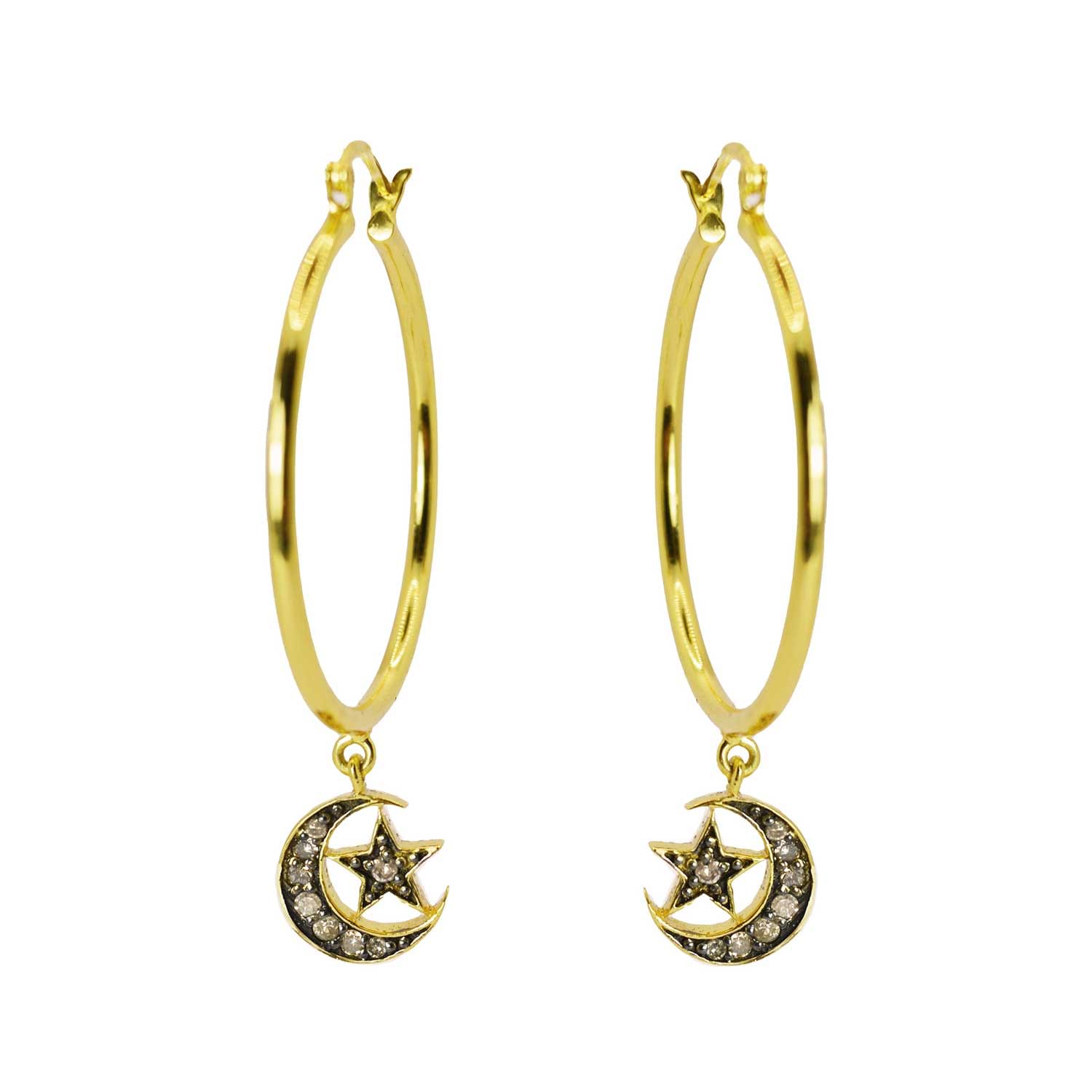 Sweet Marie Large Hoops with Diamond Crescent Moons at EC One