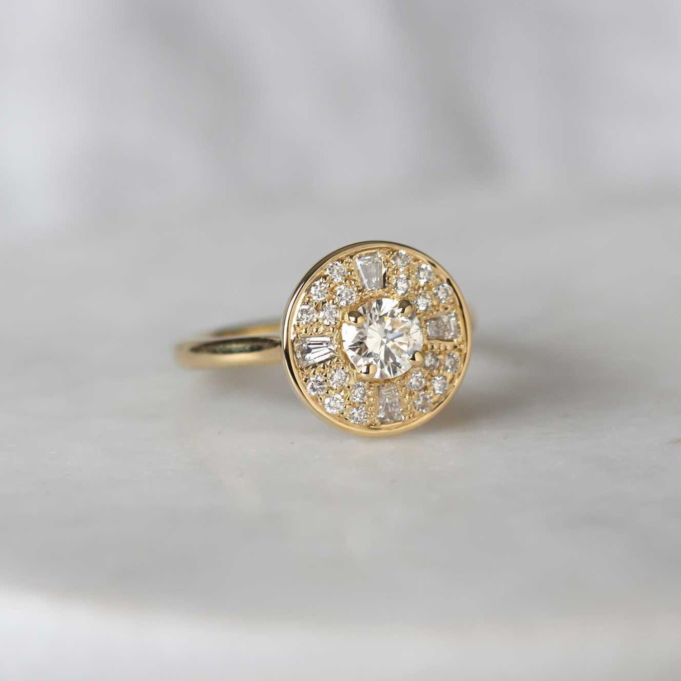 AMELIA recycled Yellow Gold Halo Diamond Engagement Ring made and by EC One in our London B Corp workshop