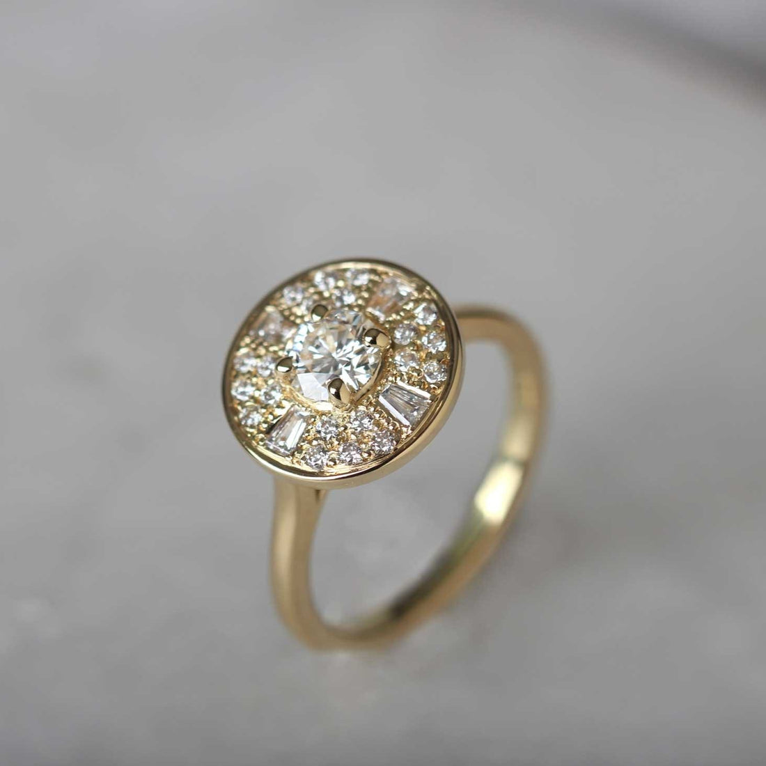 AMELIA recycled Yellow Gold Halo Diamond Engagement Ring made and by EC One in our London B Corp workshop