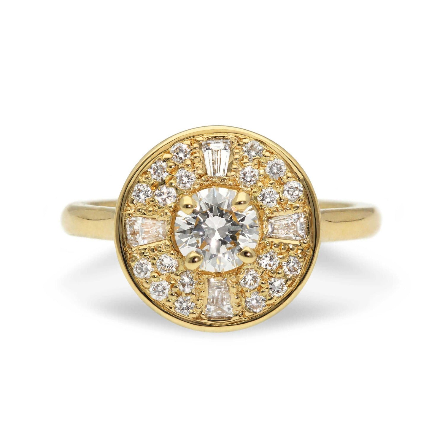 AMELIA recycled Yellow Gold Halo Diamond Engagement Ring made and by EC One in our London B Corp workshop