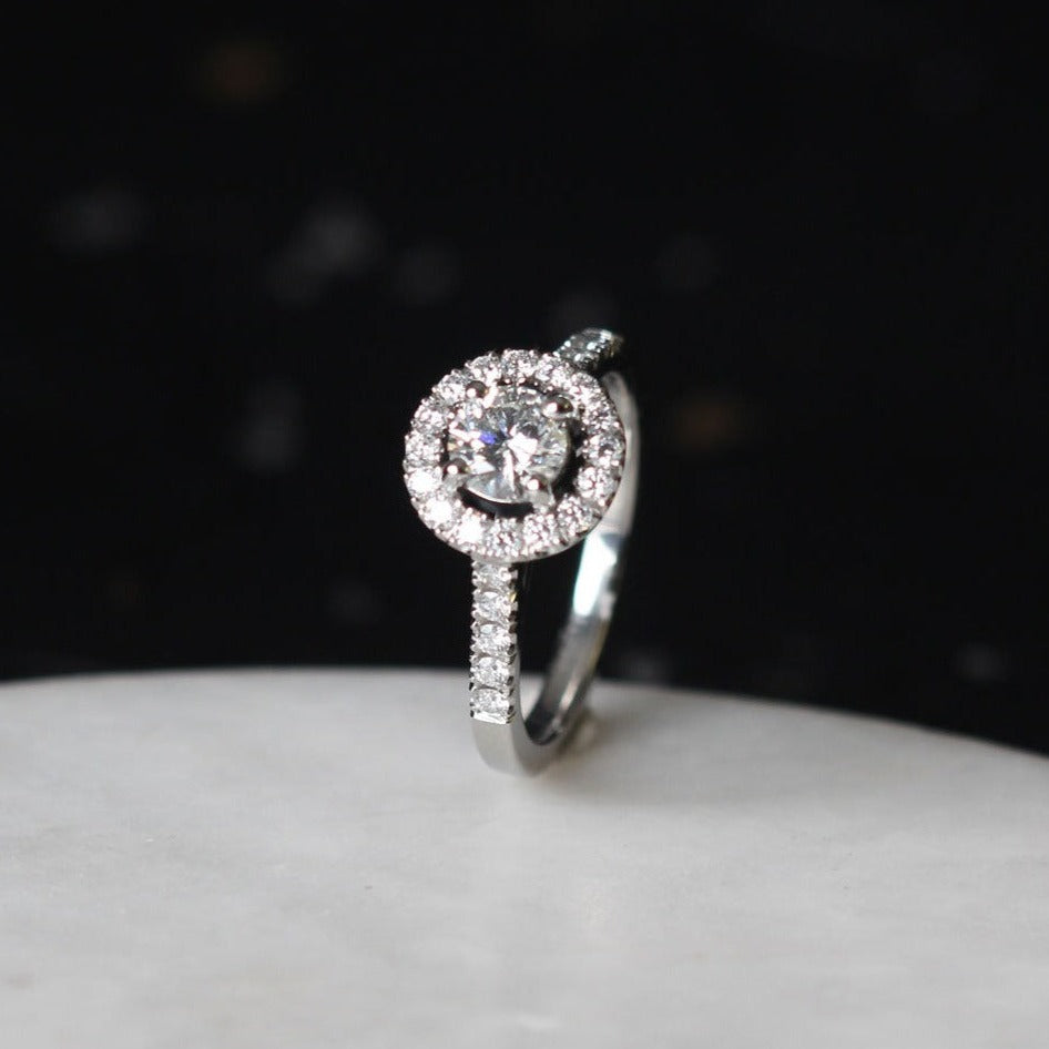 EC One HALO Round Diamond Platinum Engagement Ring handmade in our B Corp London workshop