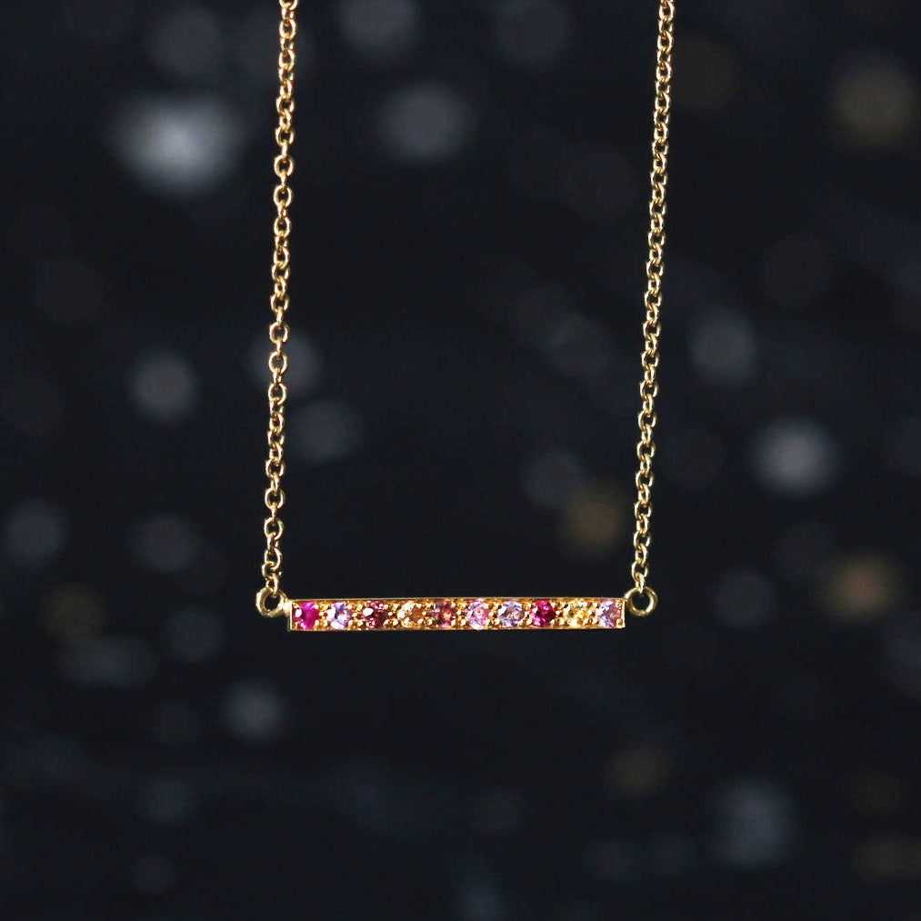 EC One Long Kaleidoscope Gold Bar Necklace in Mixed Pink & Red Gemstones