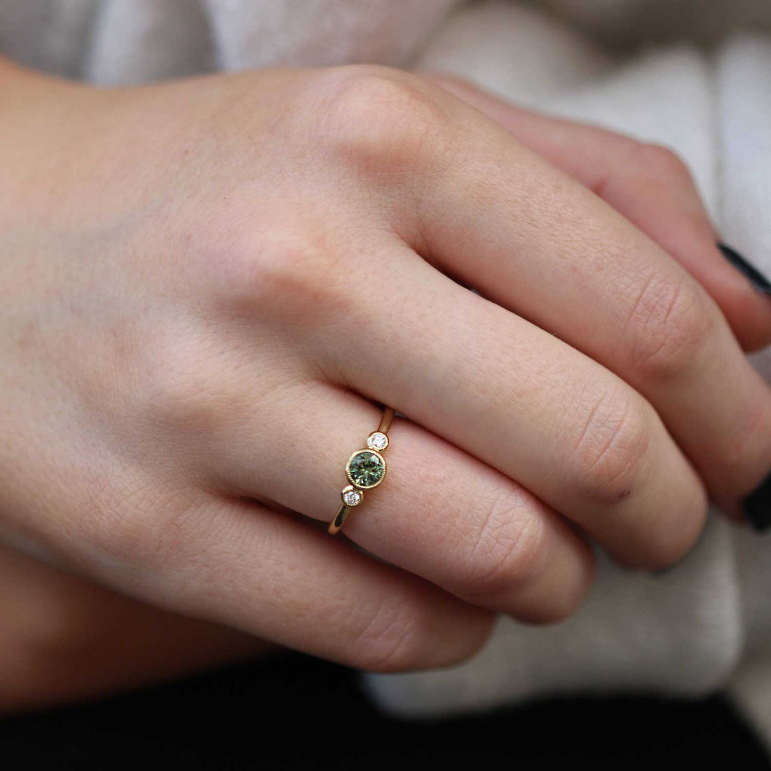 EC One NINA Milgrain Ethical Madagascan Green Sapphire Diamond Engagement Ring hand made in our B Corp London Workshop