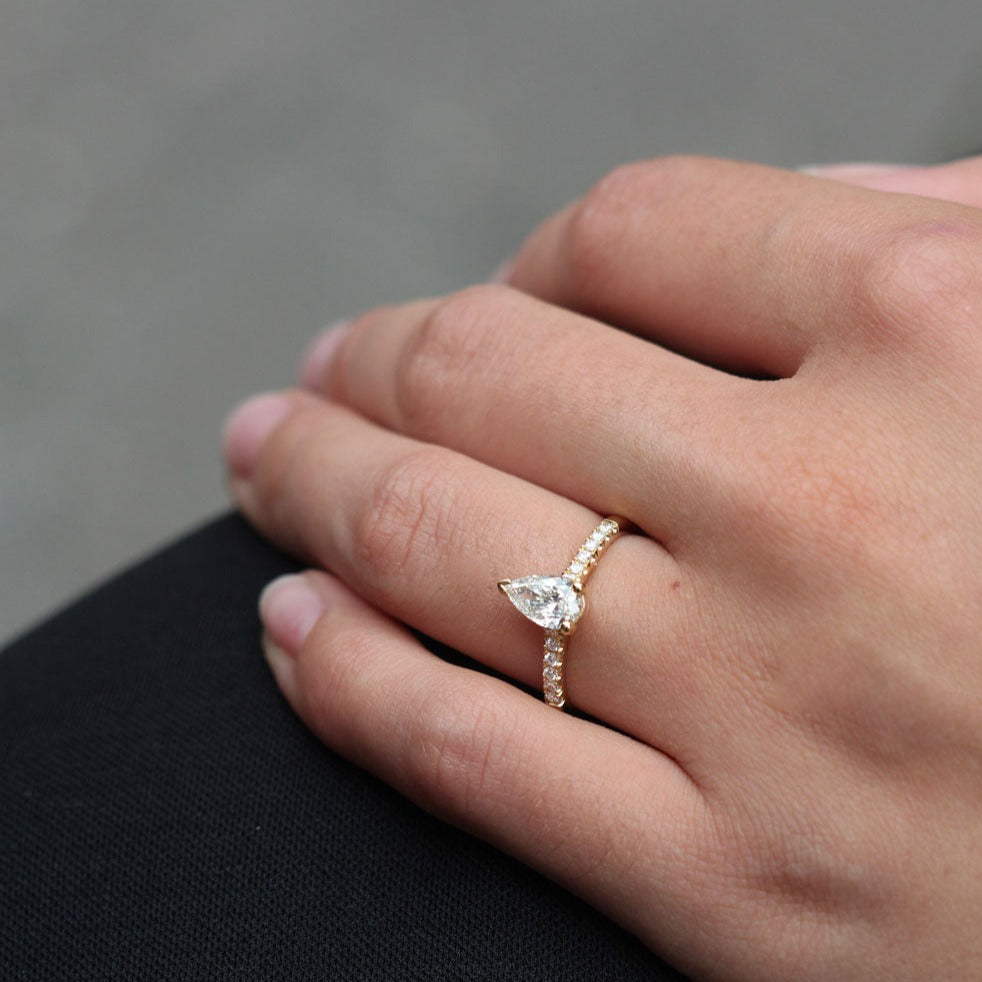 EC One ethical NANCY Pear-shaped Diamond Solitaire Ring with Diamond Shoulders made in our B Corp London workshop