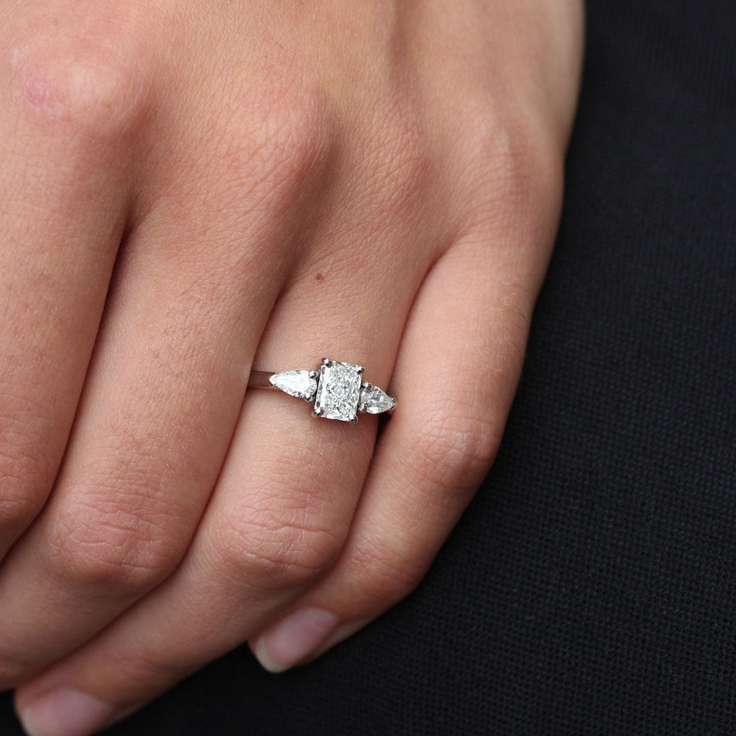 EC One PHOEBE Radiant Diamond Trilogy Engagement Ring in recycled platinum made in our London B Corp workshop