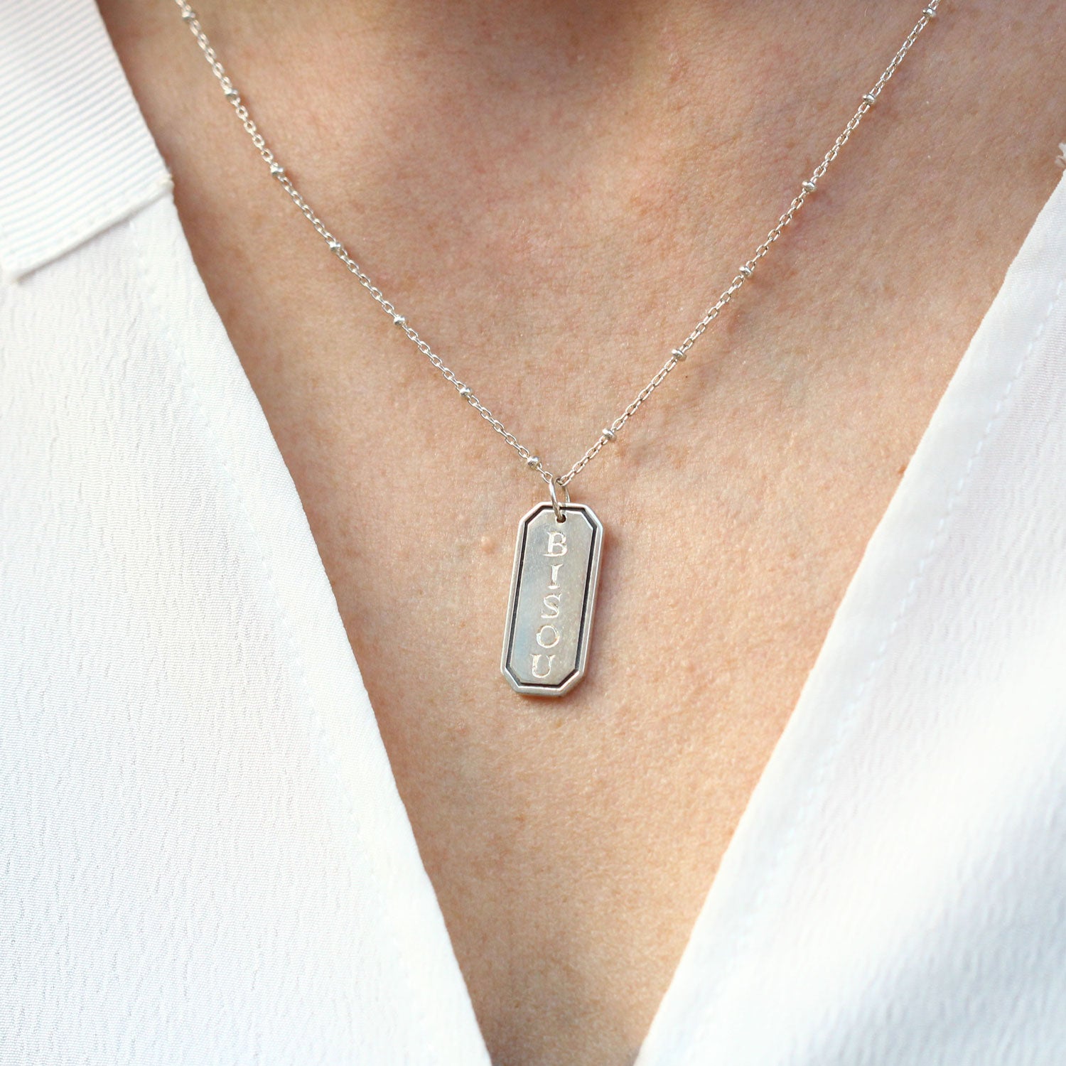 EC One recycled Silver "BISOU" Rectangular Pendant Necklace