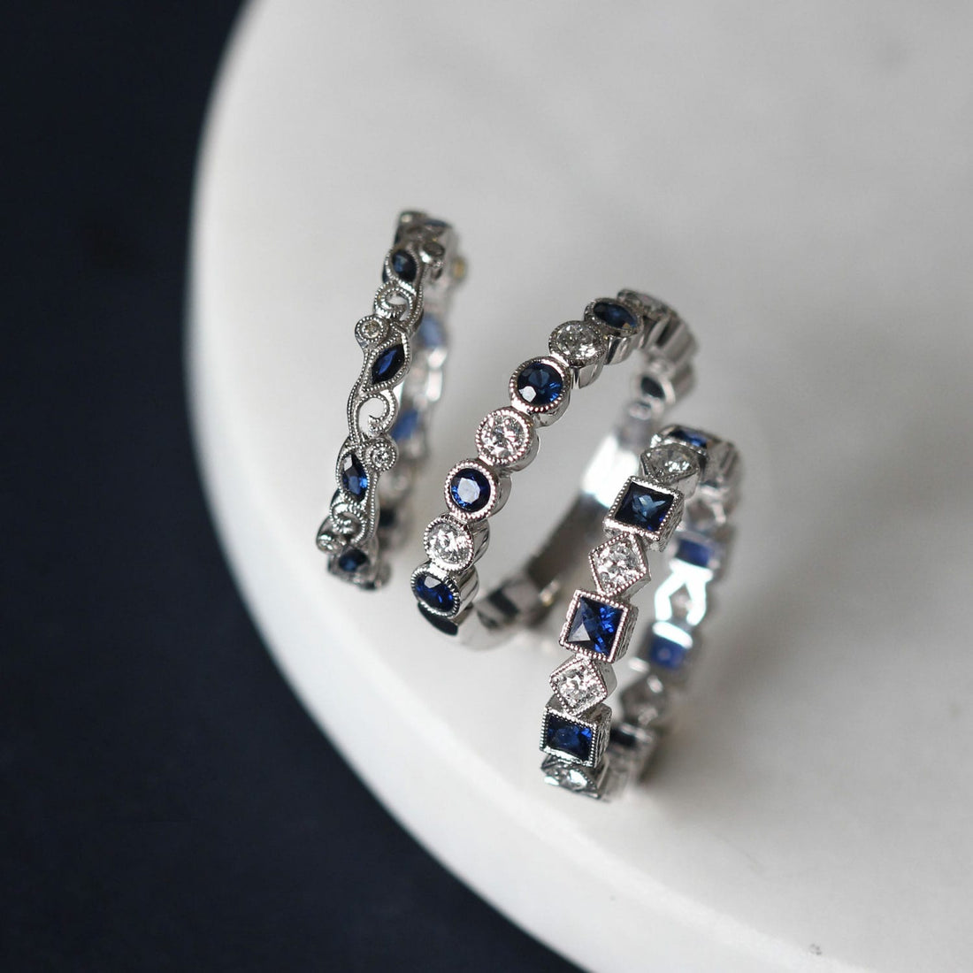 Slim White Gold, Diamond & Blue Sapphire Band