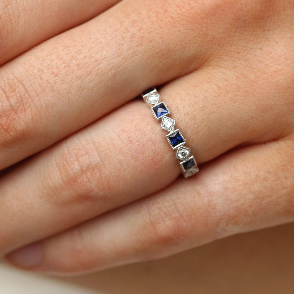 Ungar and Ungar Square Blue Sapphire and Diamond Eternity Ring White Gold at EC One London