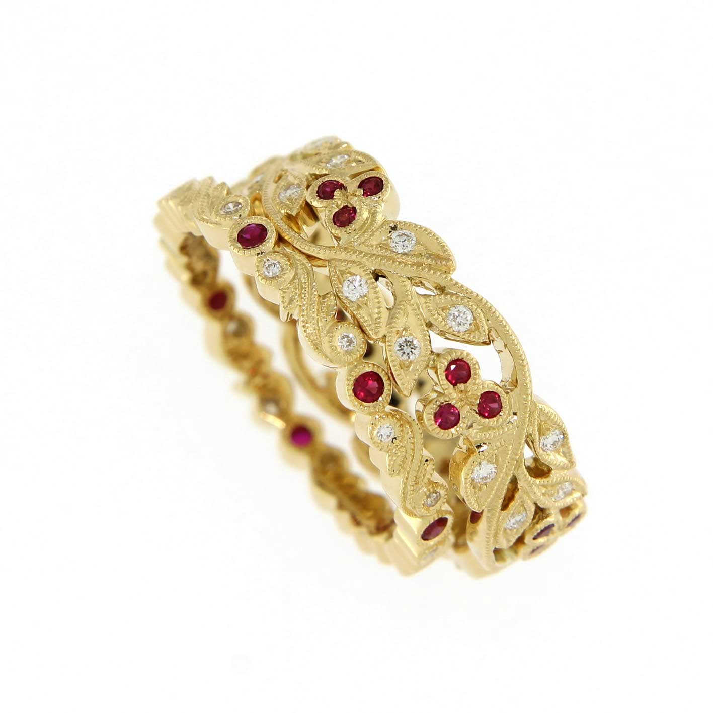 Ungar and Ungar Medium Cherry Band Yellow Gold with Ruby and Diamonds at EC One London