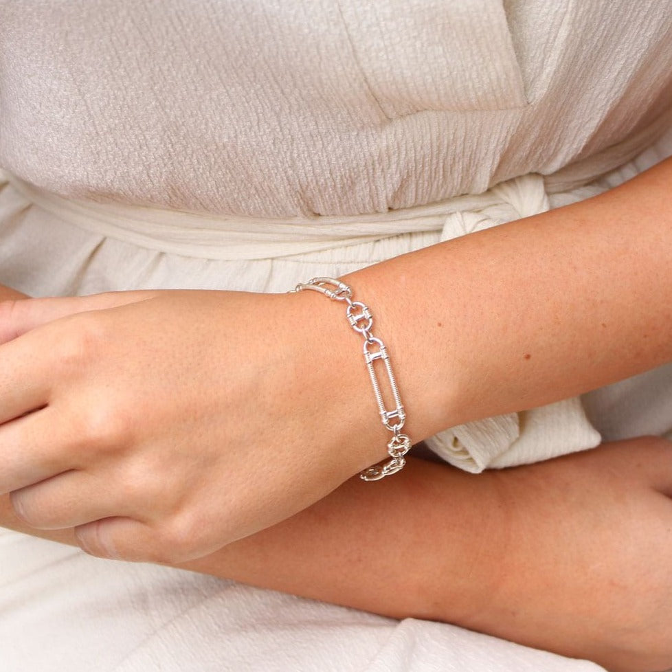 Zoe and Morgan Sky Prana Silver Bracelet at EC One London